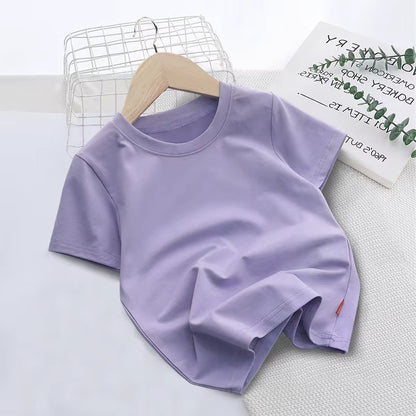 Summer Solid Color Children Cotton T-shirt for Boys Girls White Tops Tees Kids Clothes 2-10Y Student Casual Tee