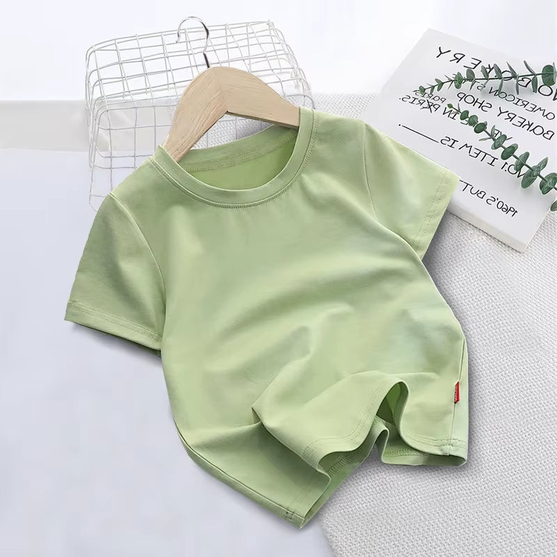 Summer Solid Color Children Cotton T-shirt for Boys Girls White Tops Tees Kids Clothes 2-10Y Student Casual Tee