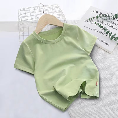 Summer Solid Color Children Cotton T-shirt for Boys Girls White Tops Tees Kids Clothes 2-10Y Student Casual Tee