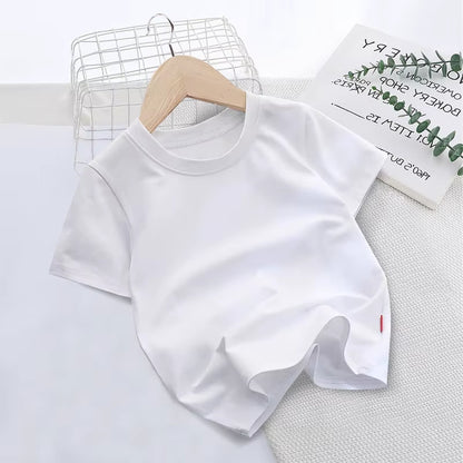 Summer Solid Color Children Cotton T-shirt for Boys Girls White Tops Tees Kids Clothes 2-10Y Student Casual Tee