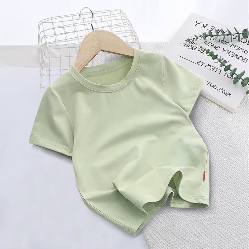 Summer Solid Color Children Cotton T-shirt for Boys Girls White Tops Tees Kids Clothes 2-10Y Student Casual Tee