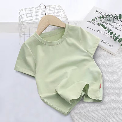 Summer Solid Color Children Cotton T-shirt for Boys Girls White Tops Tees Kids Clothes 2-10Y Student Casual Tee