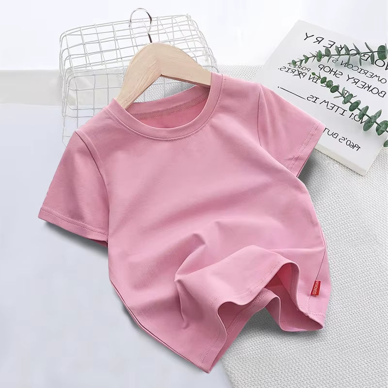 Summer Solid Color Children Cotton T-shirt for Boys Girls White Tops Tees Kids Clothes 2-10Y Student Casual Tee