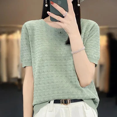 綿100% 半袖ラウンドネックTシャツ｜ゆったりシルエットの韓国風カジュアルニットトップス【夏に最適】